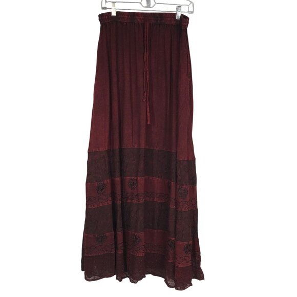 SAKKAS - WOMEN'S ONE SIZE - BURGUNDY ELASTIC WAIST BOHO HIPPIE MAXI SKIRT - Picture 1 of 9